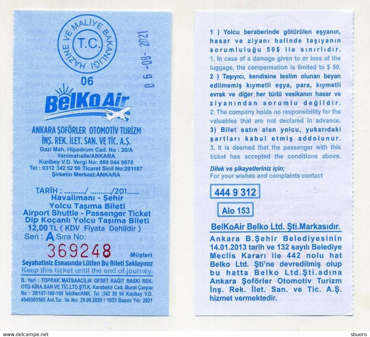 Ticket De Bus Belko Air. Service De Bus Entre L'aéroport Et Le Centre-ville De Ankara 2021 Turquie Turkey Türkiye Türkei - World