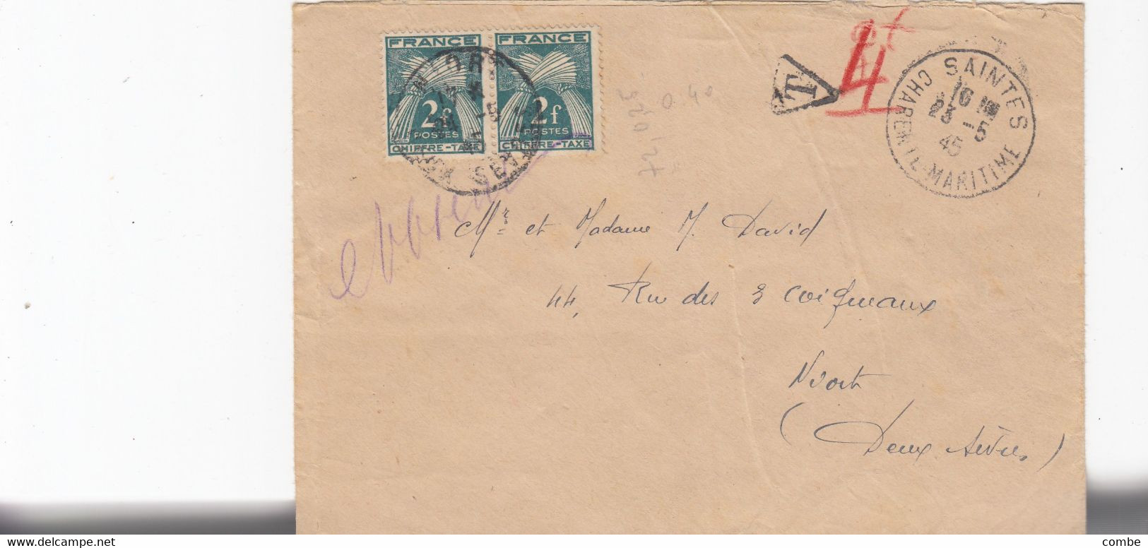 LETTRE. 23 5 45. SAINTES CHARENTE-MARITIME POUR NIORT. TAXE GERBE PAIRE 2Fr - 1859-1959 Brieven & Documenten