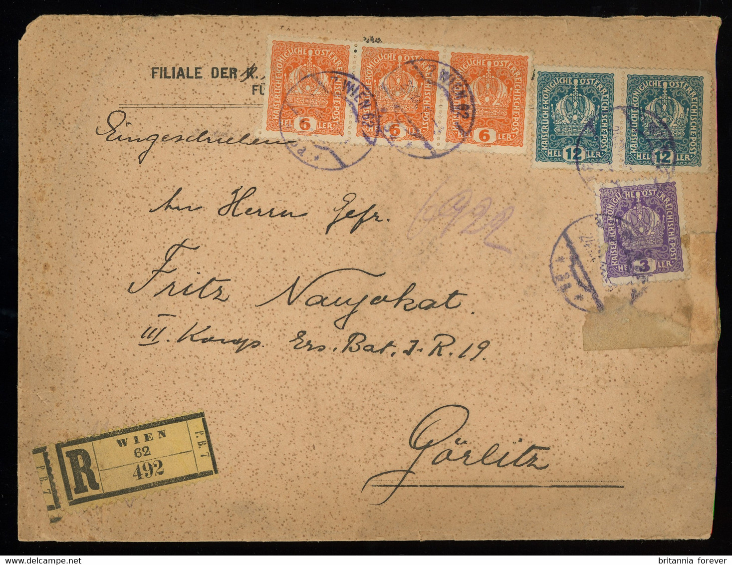 TREASURE HUNT [00019] Austria 1918 Reg. Cover To Germany With 6h Orange + 12h Blue-green + 3h Violet Definitive Stamps - Lettres & Documents