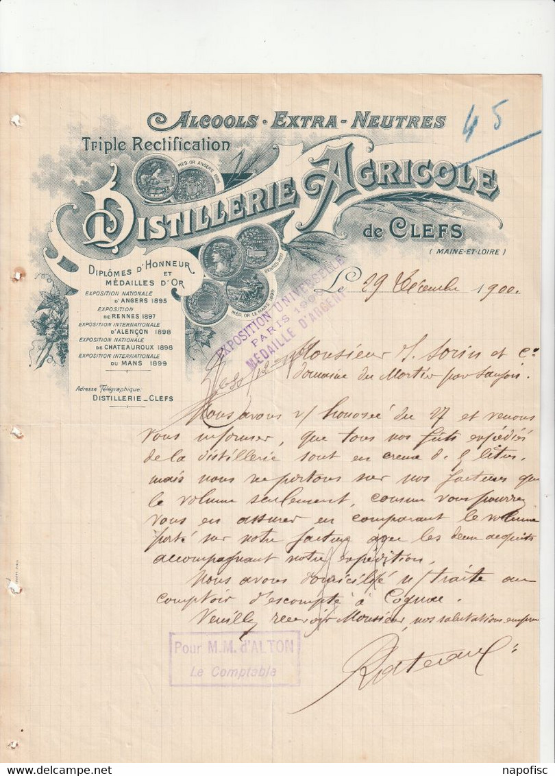 49-Distillerie Agricole...Alcools.Extra-Neutres ..Clefs.. (Maine-et-Loire)..1900 - Other & Unclassified