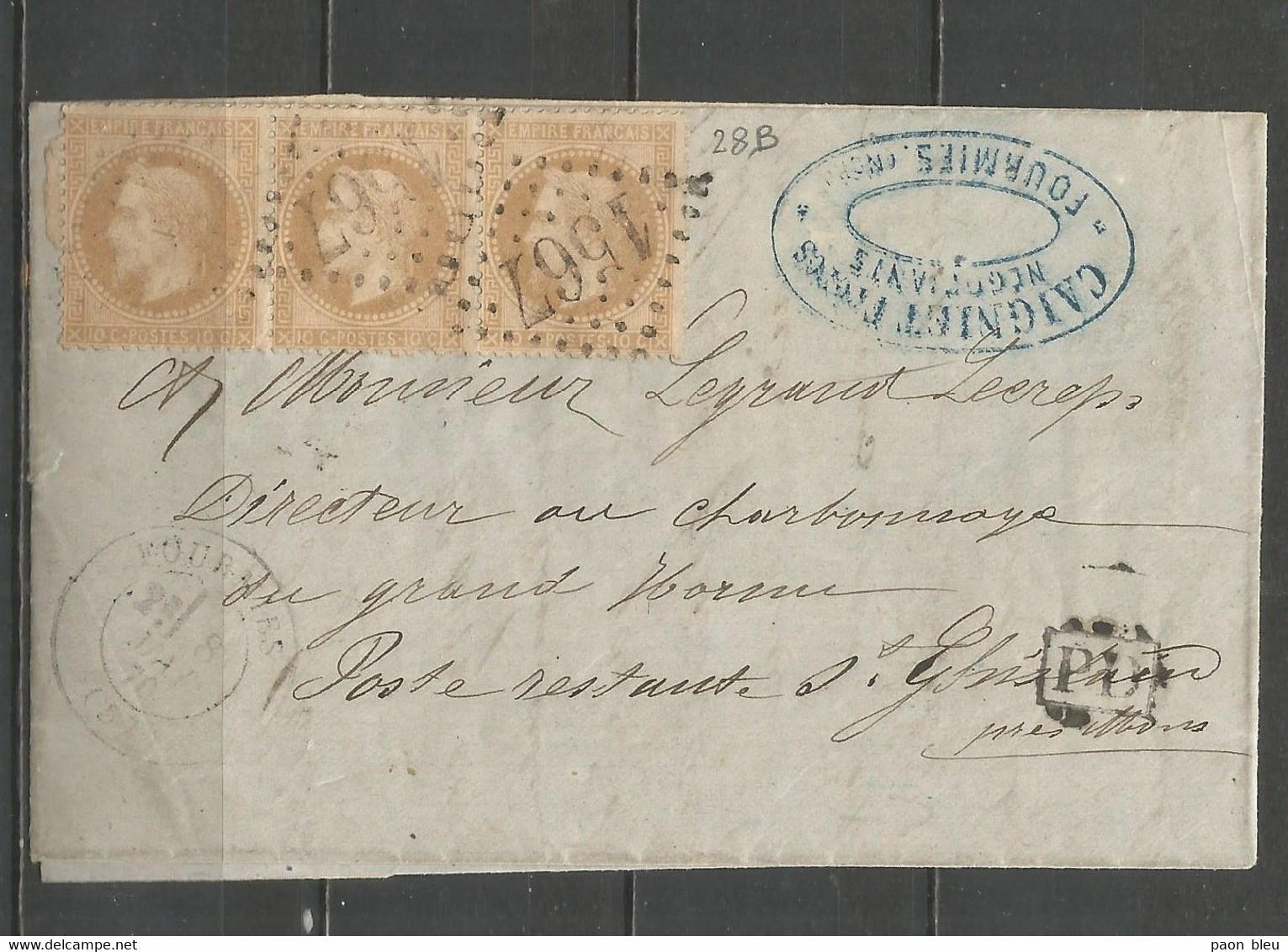 France - Nord - Obl.GC - Lettre De FOURMIES Vers St.Ghislain (Belgique) + "PD" Encadré En Noir - N°28B Bande De Trois - 1849-1876: Klassieke Periode