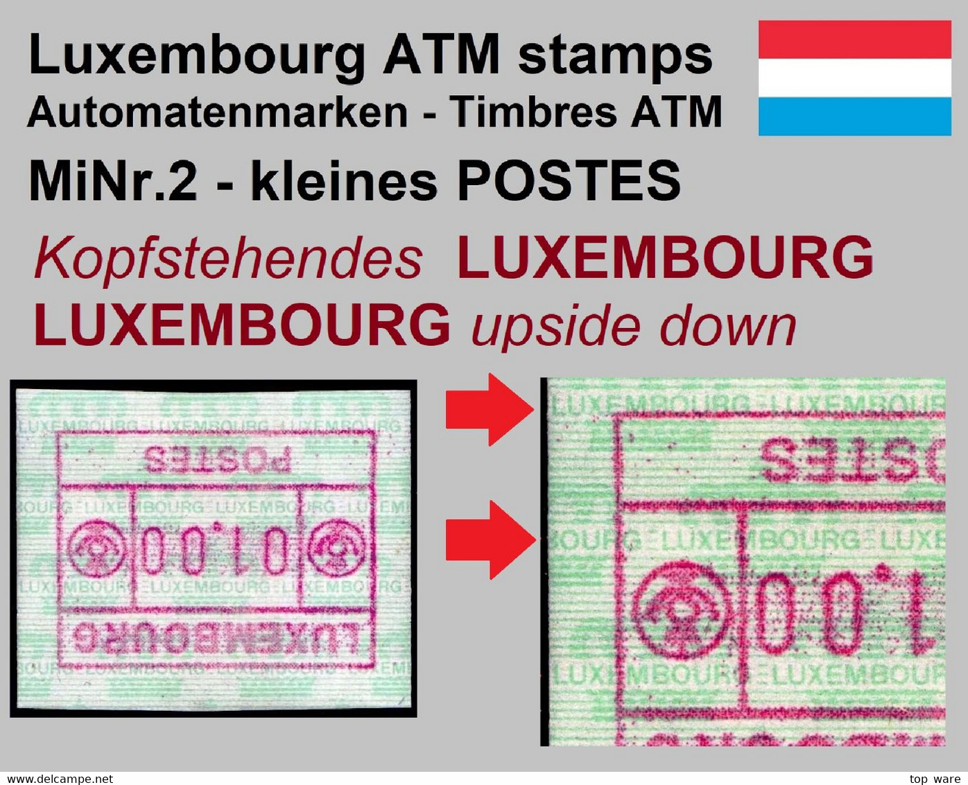 Luxemburg Luxembourg Timbres ATM 2 Kleines Postes * ERROR Kopfstehendes Papier 1 Fr. ** Frama Automatenmarken Etiquetas - Postage Labels