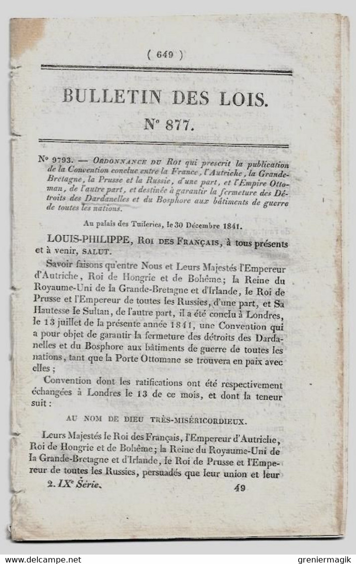 Bulletin Des Lois 877 1842 Convention Fermeture Des Dardanelles Et Du Bosphore/Métropole De Cambrai/Prison Brest... - Décrets & Lois