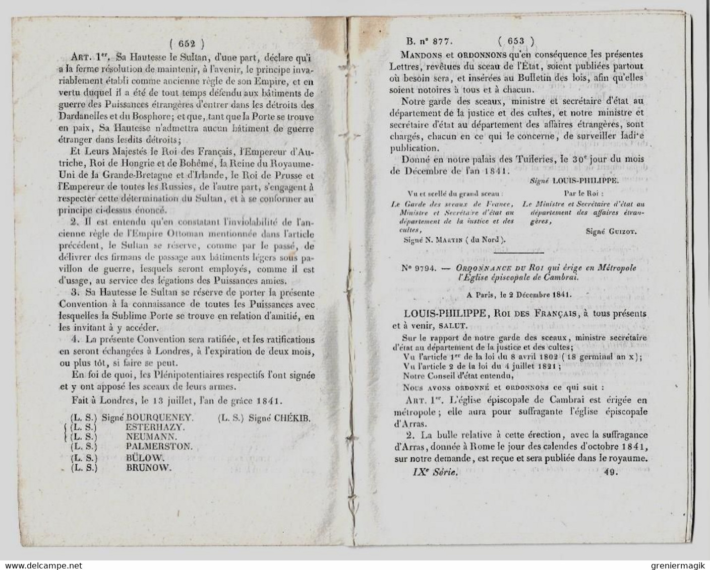 Bulletin Des Lois 877 1842 Convention Fermeture Des Dardanelles Et Du Bosphore/Métropole De Cambrai/Prison Brest... - Décrets & Lois