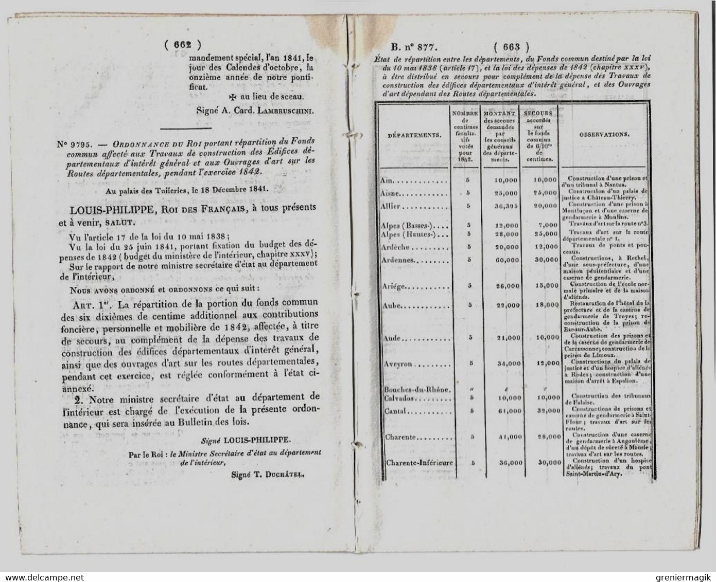 Bulletin des Lois 877 1842 Convention fermeture des Dardanelles et du Bosphore/Métropole de Cambrai/Prison Brest...