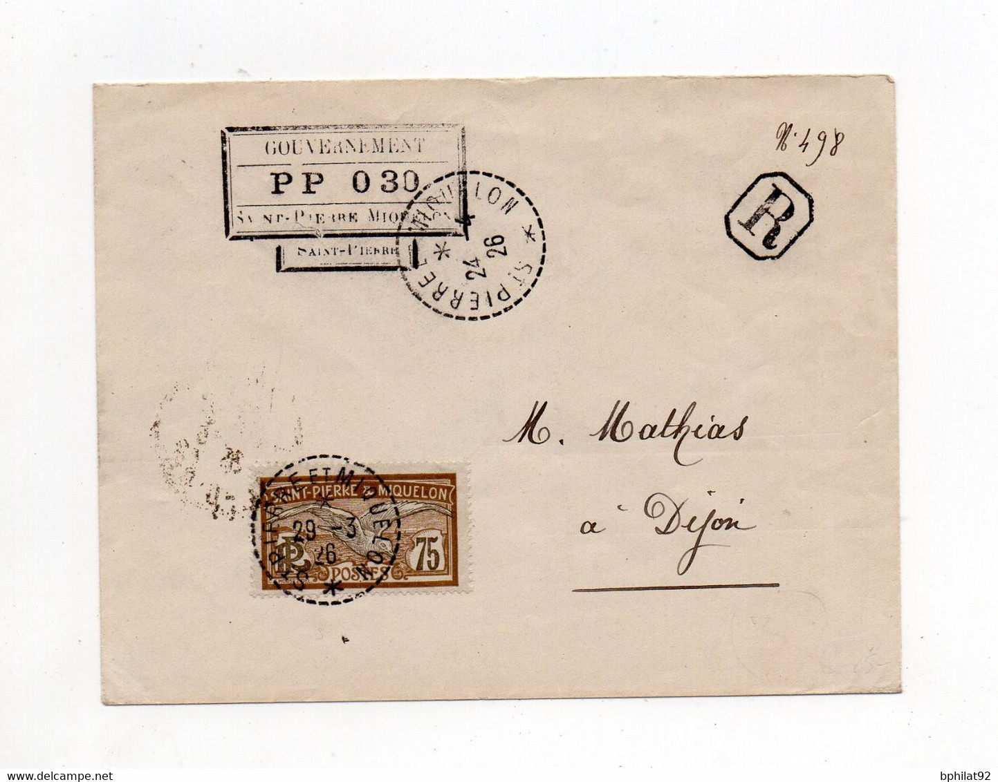 !!! LETTRE RECOMMANDEE DE 1926 POUR PARIS CACHET GOUVERNEMENT PP ST PIERRE & MIQUELON - Storia Postale