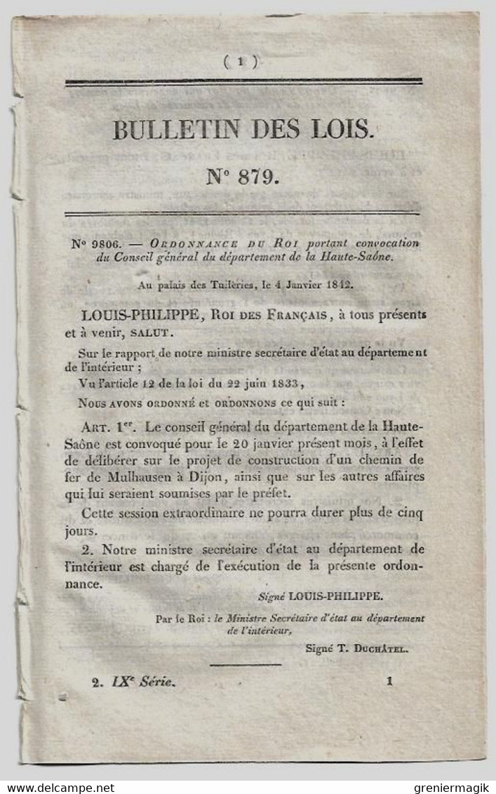 Bulletin Des Lois 879 1842 Tribunal De Commerce Lyon/Projet Construction Chemin De Fer Mulhausen à Dijon/Comberjon... - Decretos & Leyes