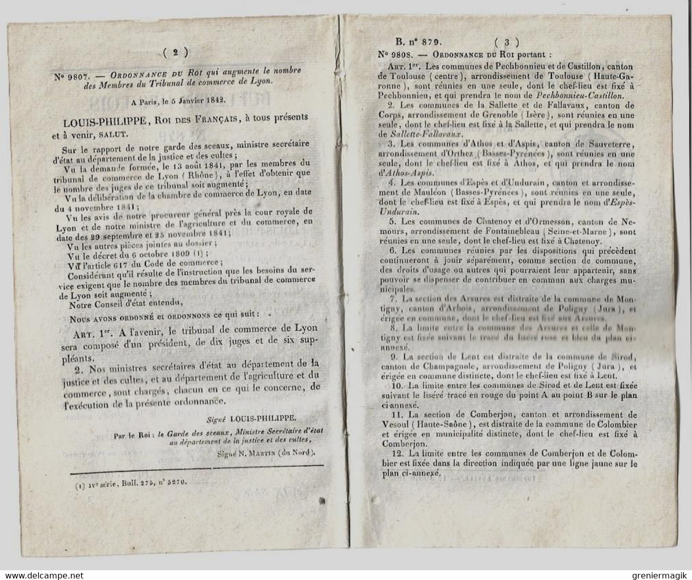 Bulletin Des Lois 879 1842 Tribunal De Commerce Lyon/Projet Construction Chemin De Fer Mulhausen à Dijon/Comberjon... - Decretos & Leyes