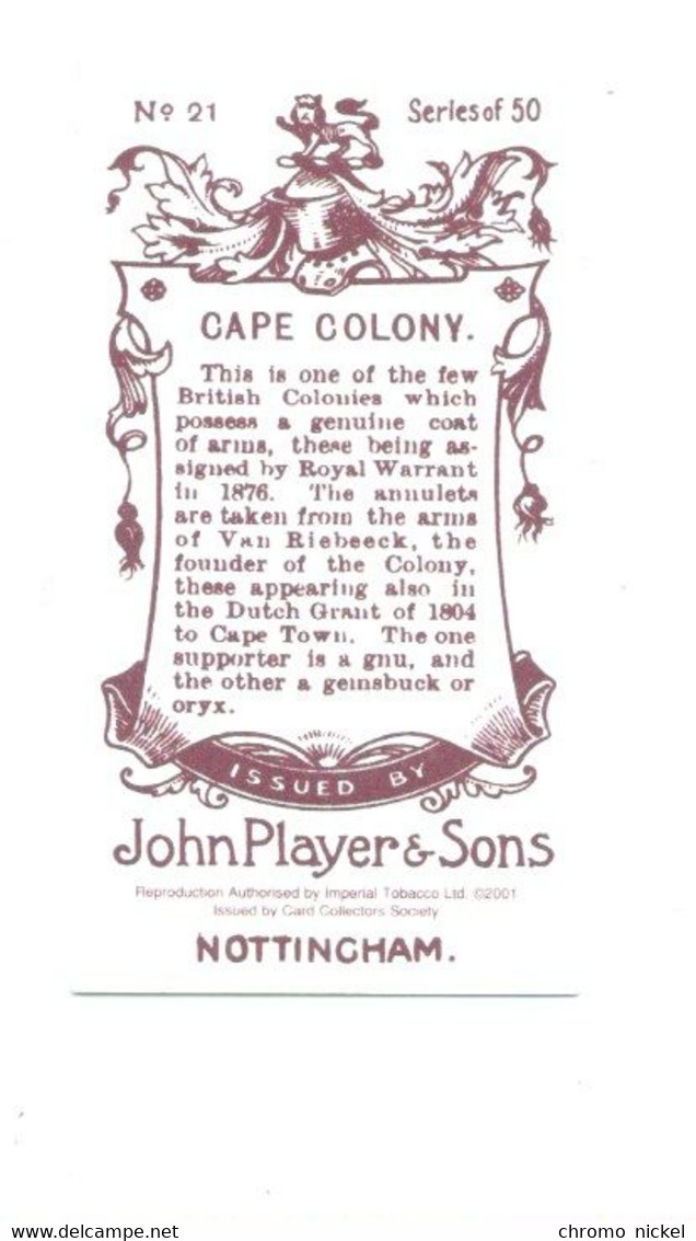 CAPE COLONY Afrique Du Sud  Drapeau Flag  Emblem Cigarettes John Player & Sons TB Comme Neuve Like New 2 Scans - Player's