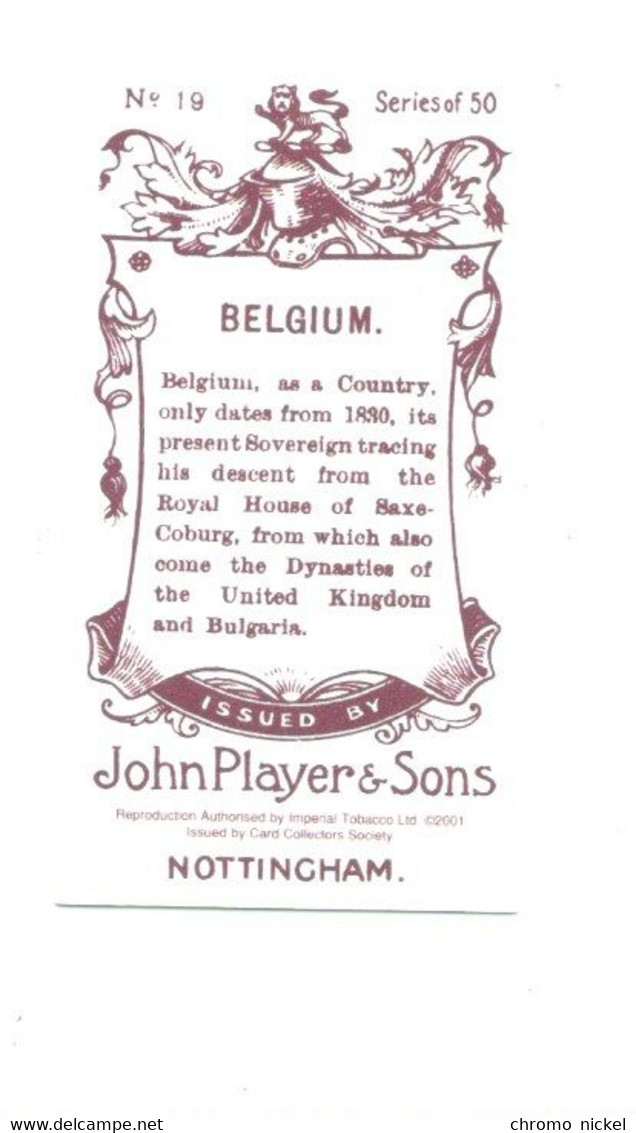 BELGIUM Belgique Belgie Drapeau Flag  Emblem Cigarettes John Player & Sons TB Comme Neuve Like New 2 Scans - Player's
