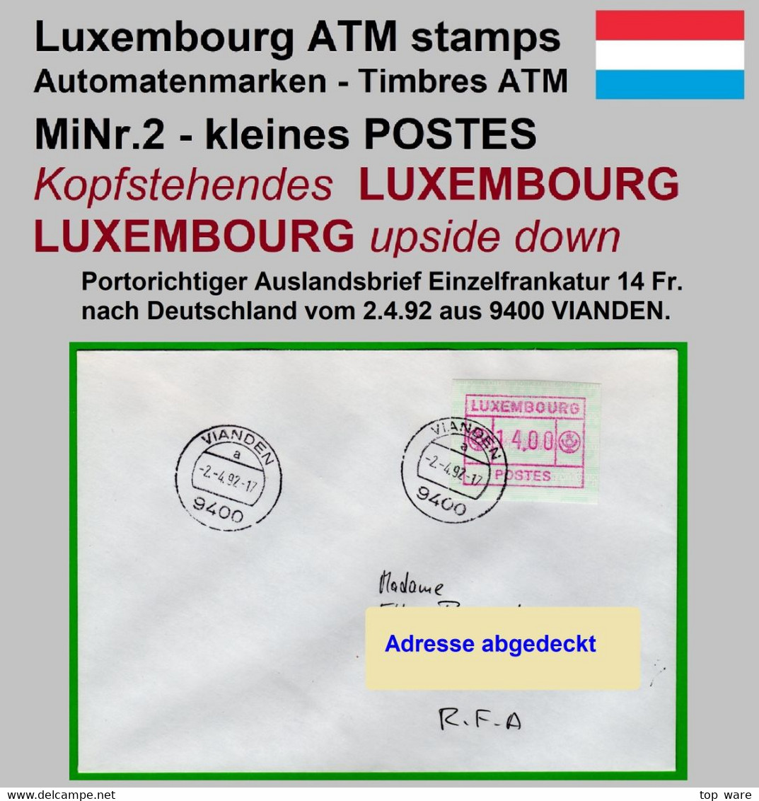 Luxemburg Luxembourg Timbres ATM 2 Kleines Postes * ERROR Kopfstehendes Papier 14 Fr. Brief Nach D. Frama Distributeurs - Automatenmarken