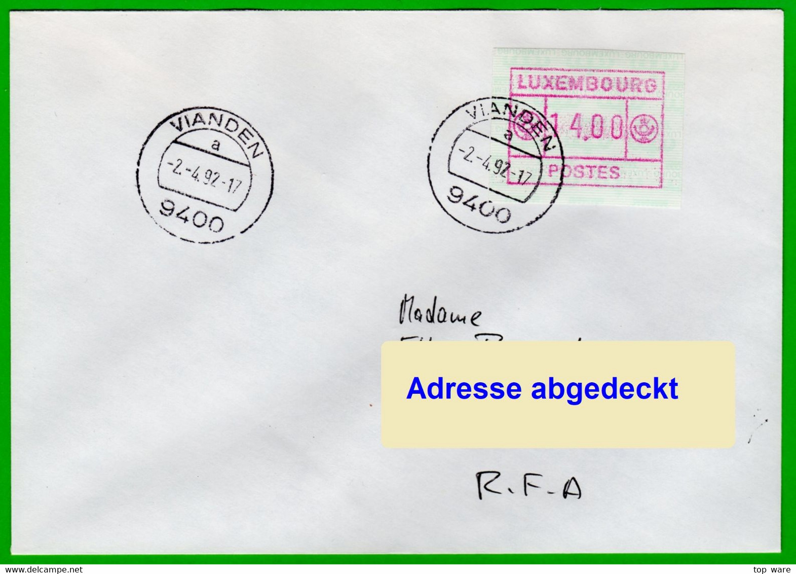 Luxemburg Luxembourg Timbres ATM 2 Kleines Postes * ERROR Kopfstehendes Papier 14 Fr. Brief Nach D. Frama Distributeurs - Vignette