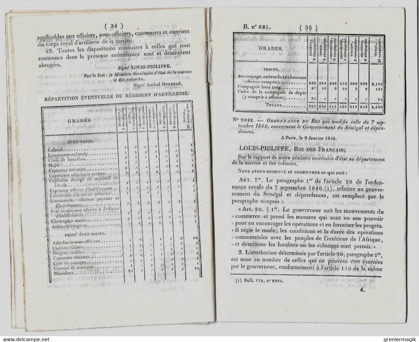 Bulletin Des Lois 881 1842 Corps Royal D'artillerie De La Marine/Sénégal/Organisation Du Corps Des équipages Militaires - Décrets & Lois