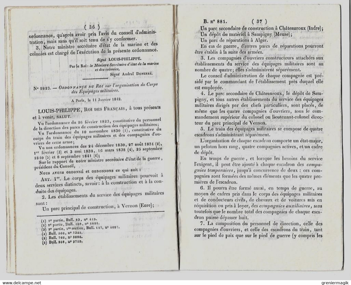 Bulletin des Lois 881 1842 Corps royal d'artillerie de la Marine/Sénégal/Organisation du Corps des équipages militaires