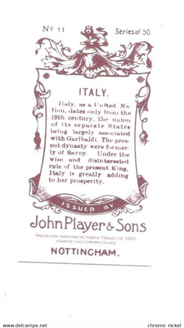 ITALY Italie Drapeau Flag  Emblem Cigarettes John Player & Sons TB   Like New 2 Scans - Player's