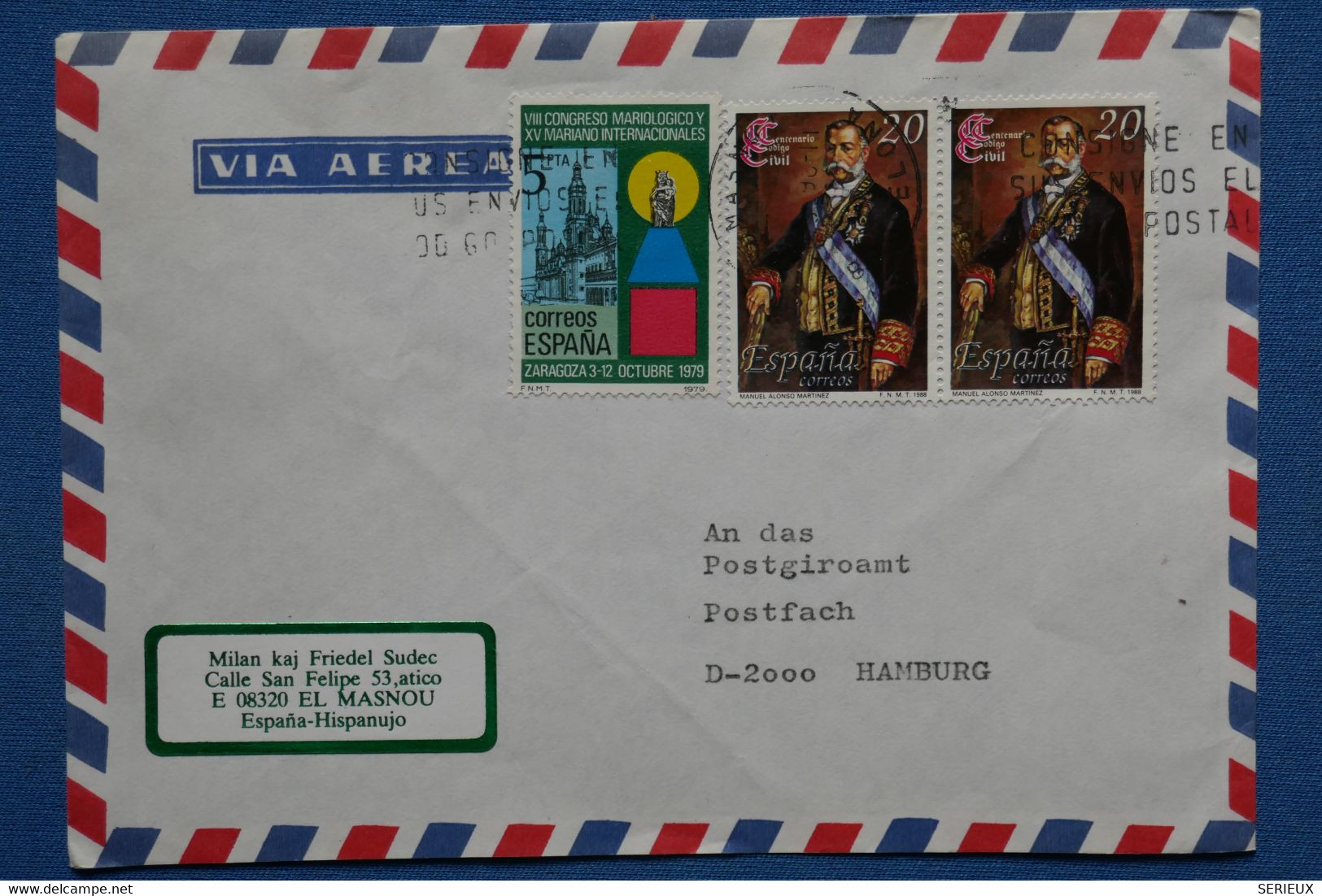 #14 ESPAGNE BELLE LETTRE  1982 EL MASNOU POUR HAMBOURG GERMANY + PAIRE DE T.P + AFFRANCH INTERESSANT - Storia Postale