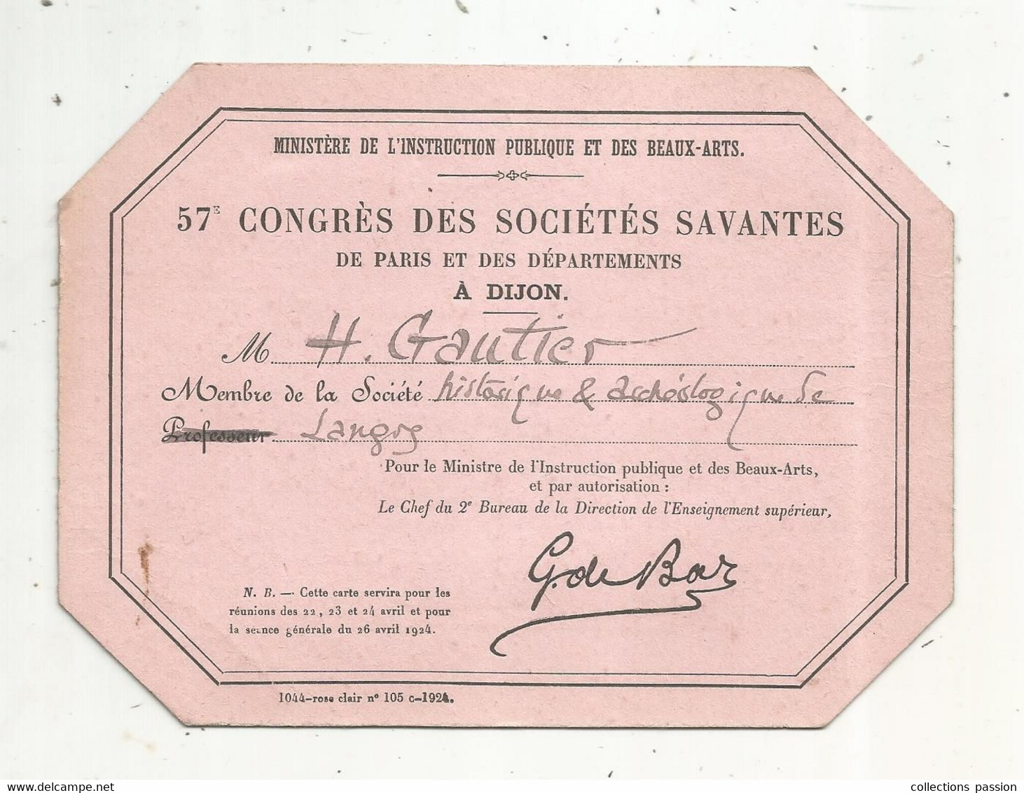 Carte D'entrée , 57 éme CONGRES DES SOCIETES SAVANTES De Pais Et Ses Départements , Dijon , 1924 , Frais Fr 1.85 E - Tickets D'entrée