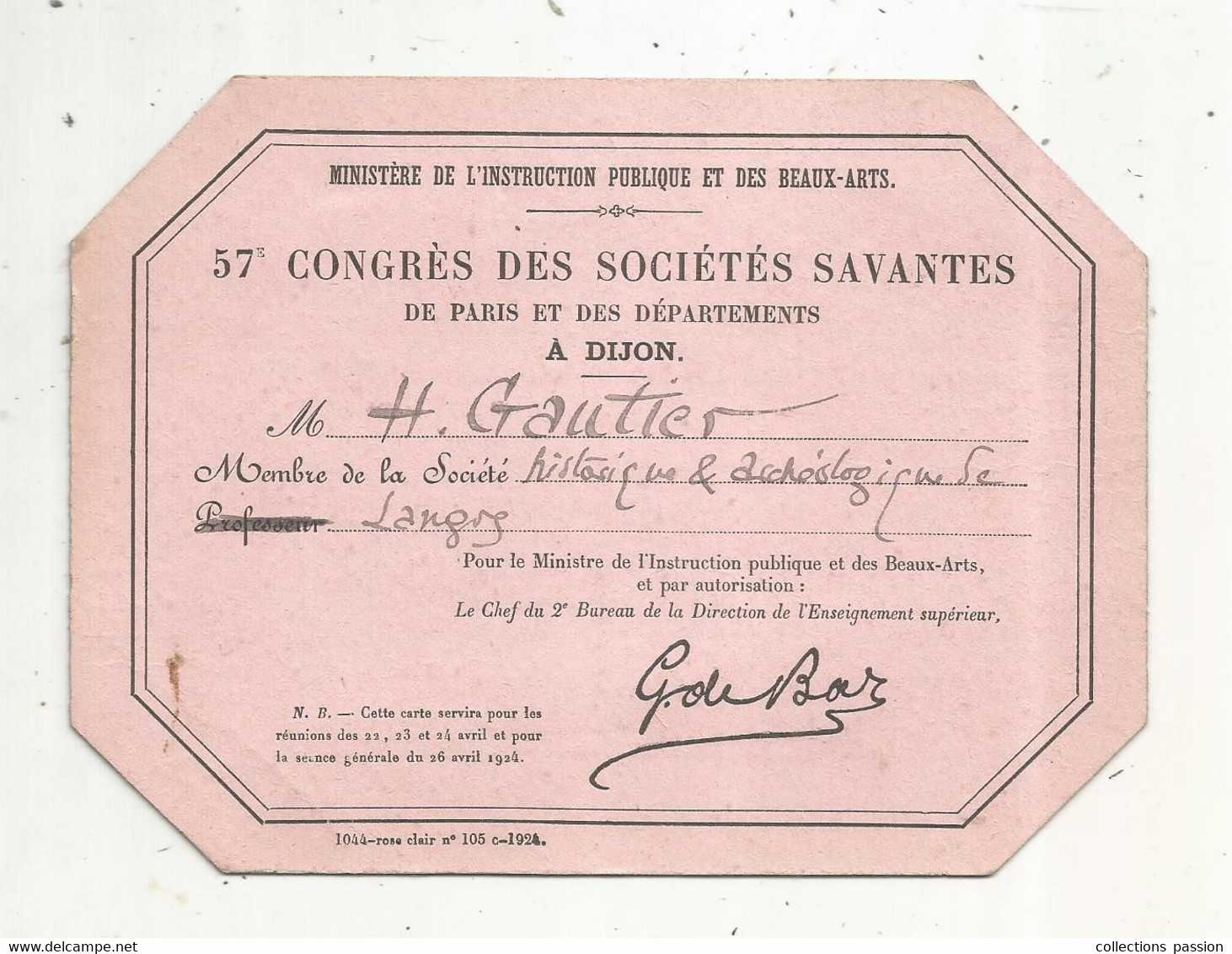 Carte D'entrée , 57 éme CONGRES DES SOCIETES SAVANTES De Pais Et Ses Départements , Dijon , 1924 , Frais Fr 1.85 E - Eintrittskarten