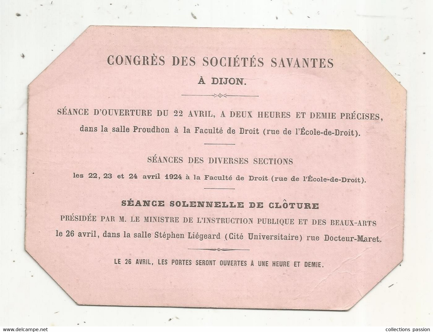 Carte D'entrée , 57 éme CONGRES DES SOCIETES SAVANTES De Pais Et Ses Départements , Dijon , 1924 , Frais Fr 1.85 E - Tickets D'entrée