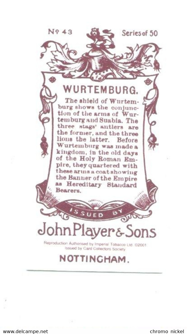 WURTEMBURG Flag  Emblem Cigarettes John Player & Sons TB   Like New 2 Scans - Player's