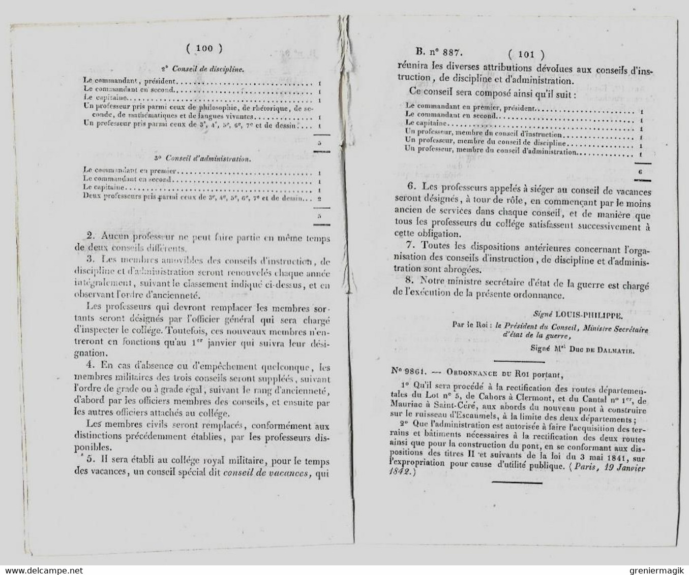 Bulletin Des Lois 887 1842 Construction Pont Suspendu Sur La Garonne à Toulouse (Tarif Péage)/Collège Royal Militaire - Décrets & Lois