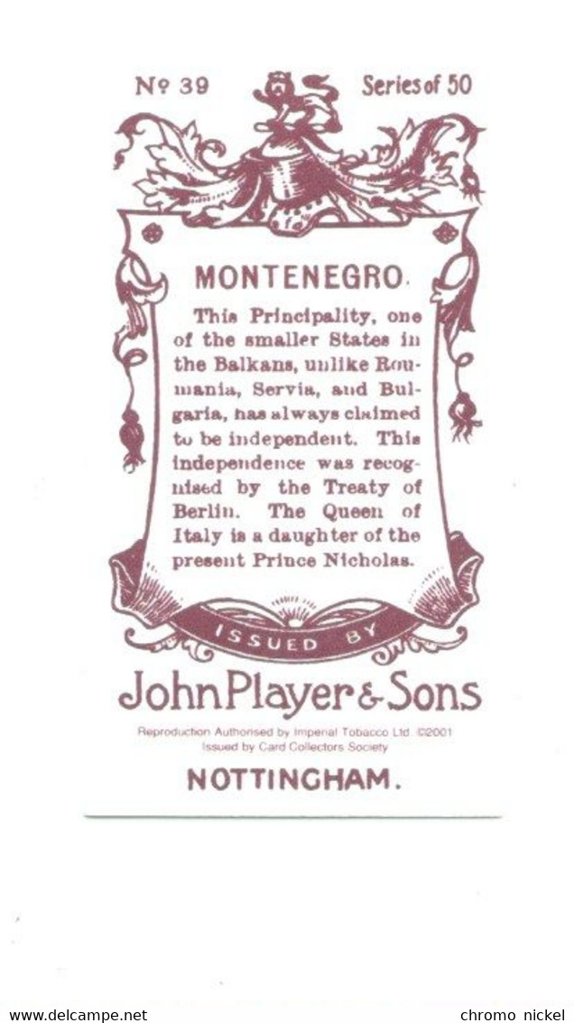 MONTENEGRO Flag  Emblem Cigarettes John Player & Sons TB   Like New 2 Scans - Player's