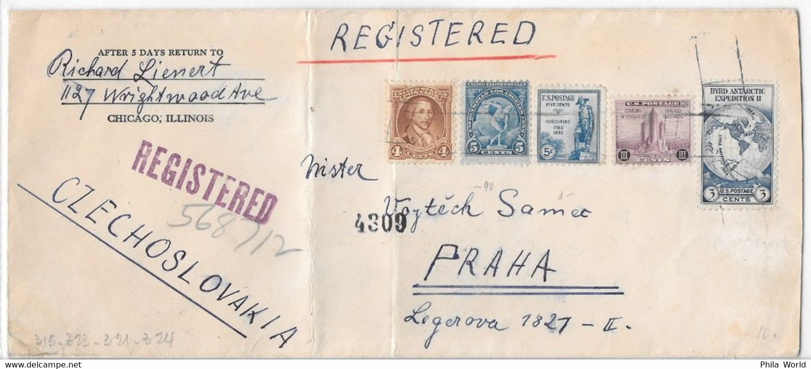 US 1934 Transatlantic Maritime Registerd Cover To PRAHA PRAGUE CZECHOSLOVAKIA From Chicago Illinois - Aerei