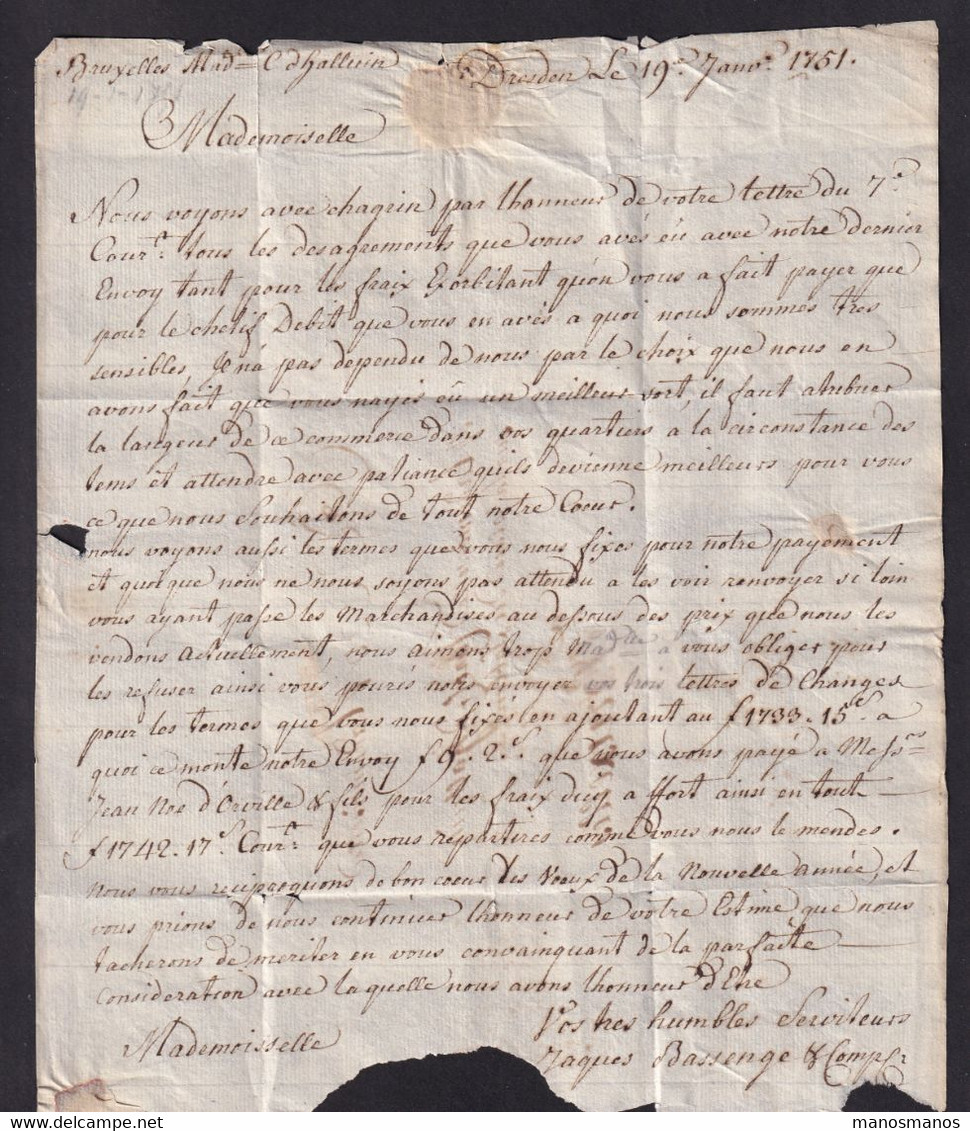 DDAA 197 - Lettre Précurseur DRESDEN 1751 Vers BRUXELLES - Acheminée Et Déposée à La Poste D'ANVERS - Griffe Rouge - Doorgangstempels