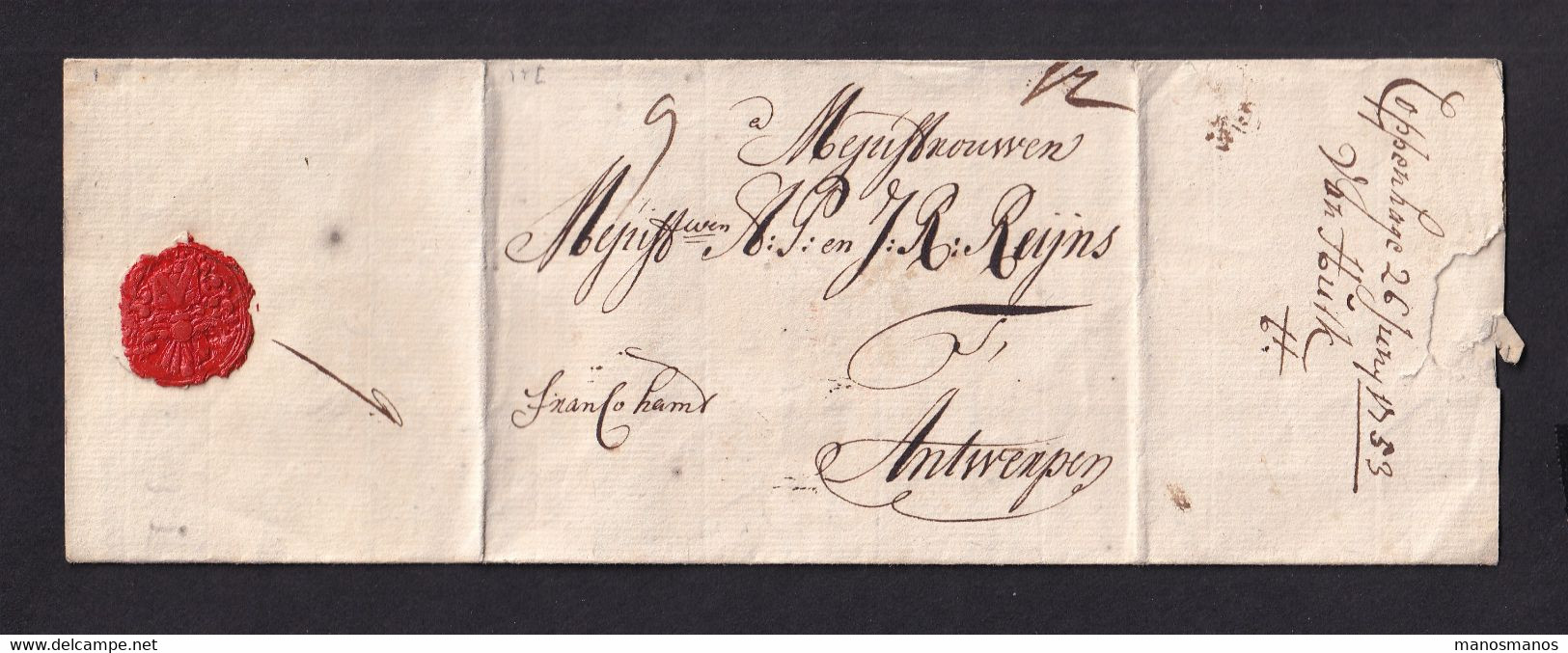 DDAA 198 - Lettre Précurseur COPPENHAGE 1753 Vers ANTWERPEN - Manuscrit Franco Ham(burg) - Port 9 à L'encre (2 Fois) - ...-1851 Prephilately