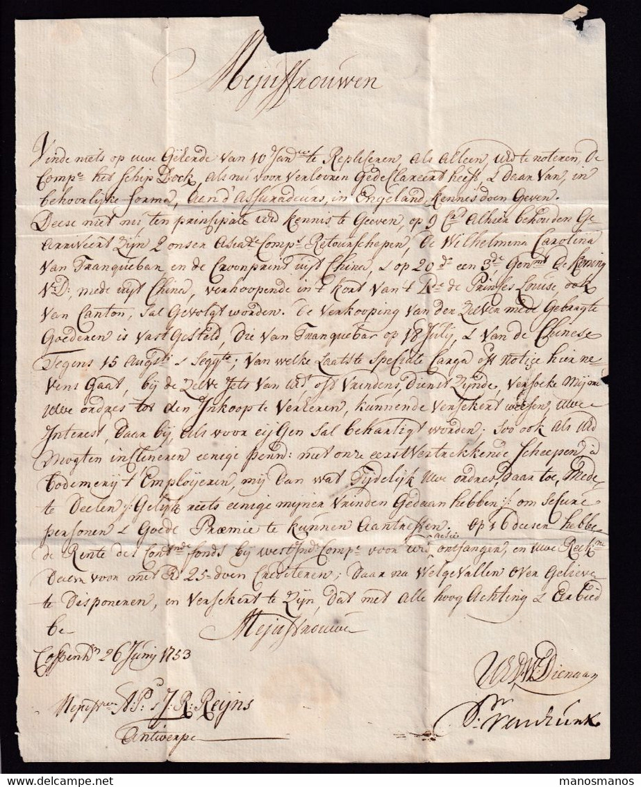 DDAA 198 - Lettre Précurseur COPPENHAGE 1753 Vers ANTWERPEN - Manuscrit Franco Ham(burg) - Port 9 à L'encre (2 Fois) - ...-1851 Prefilatelia