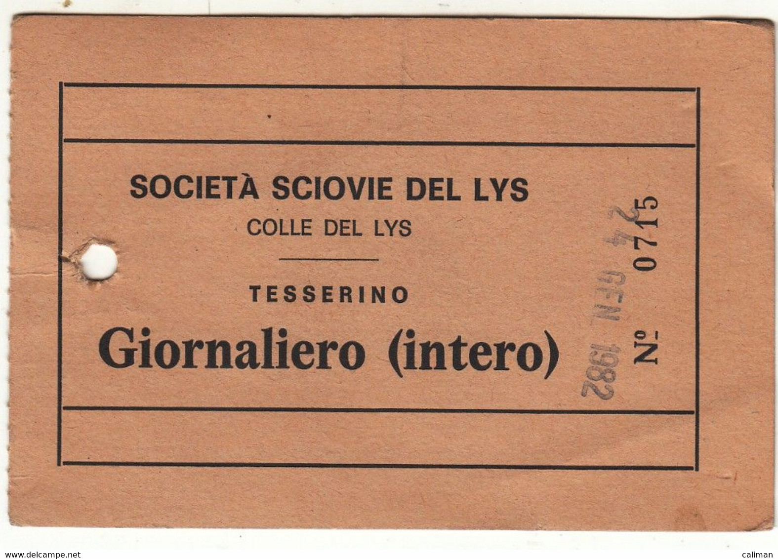 SKIPASS ABBONAMENTO GIORNALIERO SCIOVIE DEL LYS 1982 - Eintrittskarten