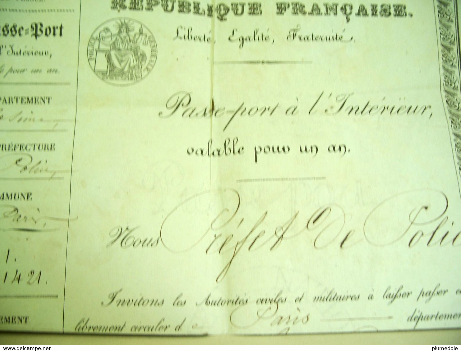 XIX ° PASSEPORT INTERIEUR  1849 VALABLE UN AN REPUBLIQUE FRANCAISE Délivré à Mlle SAMPITTE De PARIS à AGEN . FILIGRANE - Documents Historiques