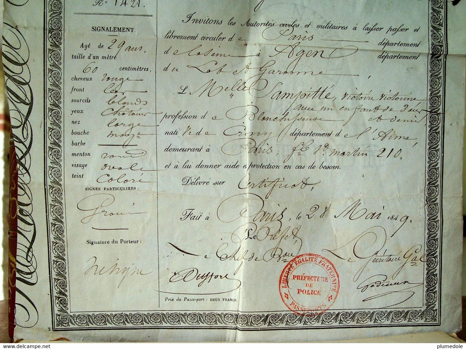 XIX ° PASSEPORT INTERIEUR  1849 VALABLE UN AN REPUBLIQUE FRANCAISE Délivré à Mlle SAMPITTE De PARIS à AGEN . FILIGRANE - Documents Historiques