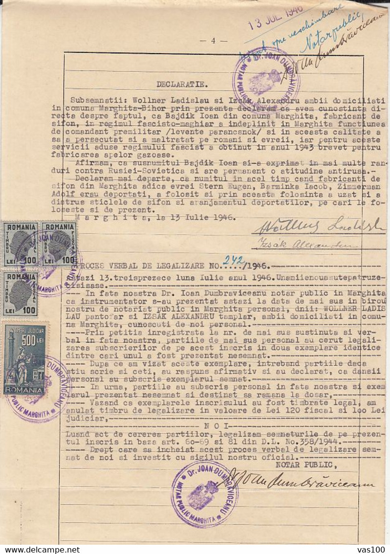 REVENUE STAMPS, KING MICHAEL, JUDICIAL STAMPS ON AFFIDAVIT, 1946, ROMANIA - Steuermarken