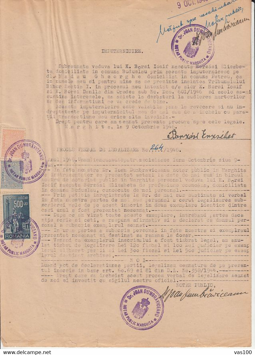 REVENUE STAMPS, KING MICHAEL, JUDICIAL STAMPS ON AFFIDAVIT, 1946, ROMANIA - Steuermarken