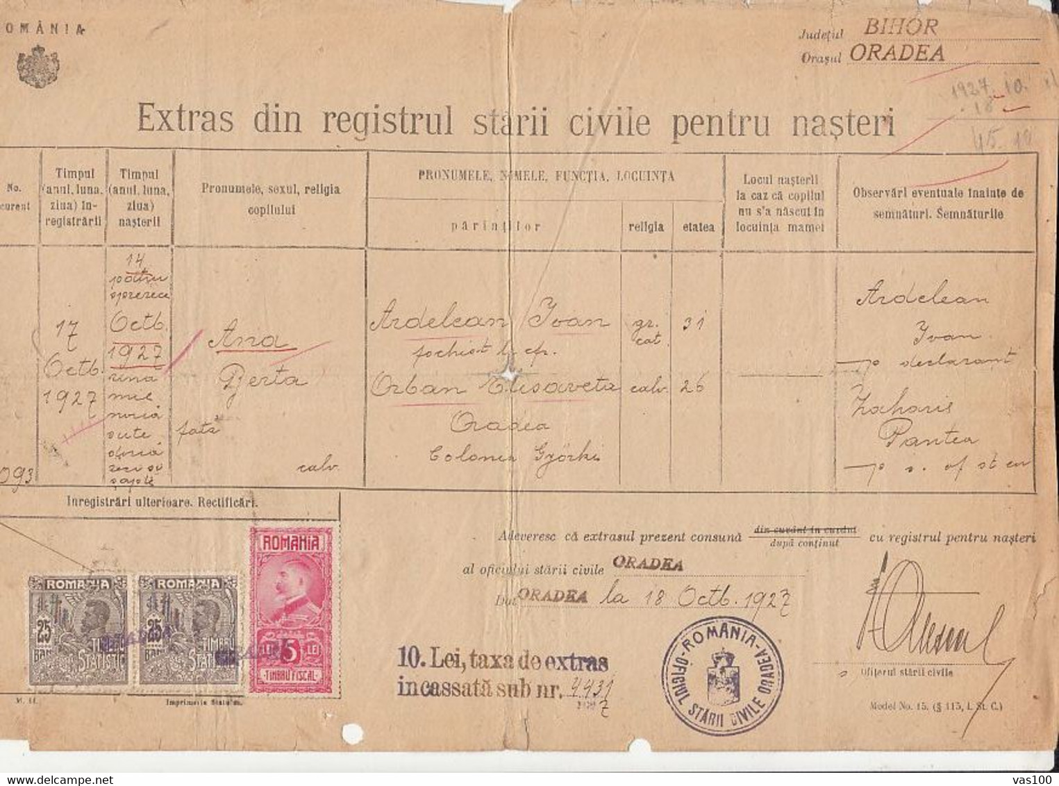 REVENUE STAMPS, KING FERDINAND, STATISTICAL STAMPS ON NEWBORN REGISTRY EXTRACT, 1923, ROMANIA - Fiscale Zegels