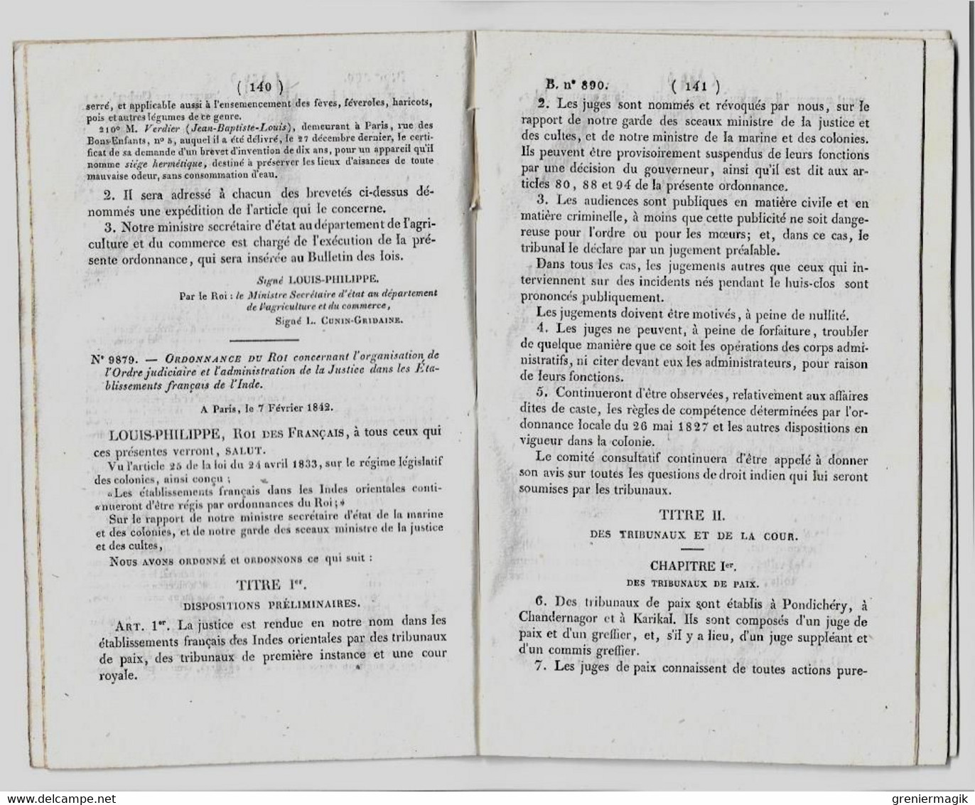 Bulletin Des Lois 890 1842 Organisation De L'Ordre Judiciaire Etablissements Français De L'Inde/Brevets D'invention... - Décrets & Lois