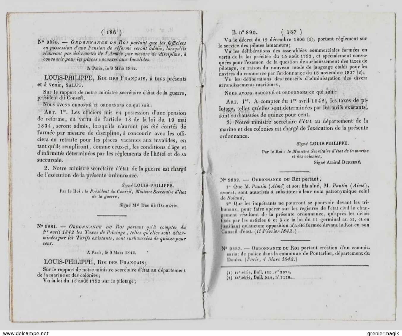 Bulletin des Lois 890 1842 Organisation de l'Ordre judiciaire Etablissements français de l'Inde/Brevets d'invention...