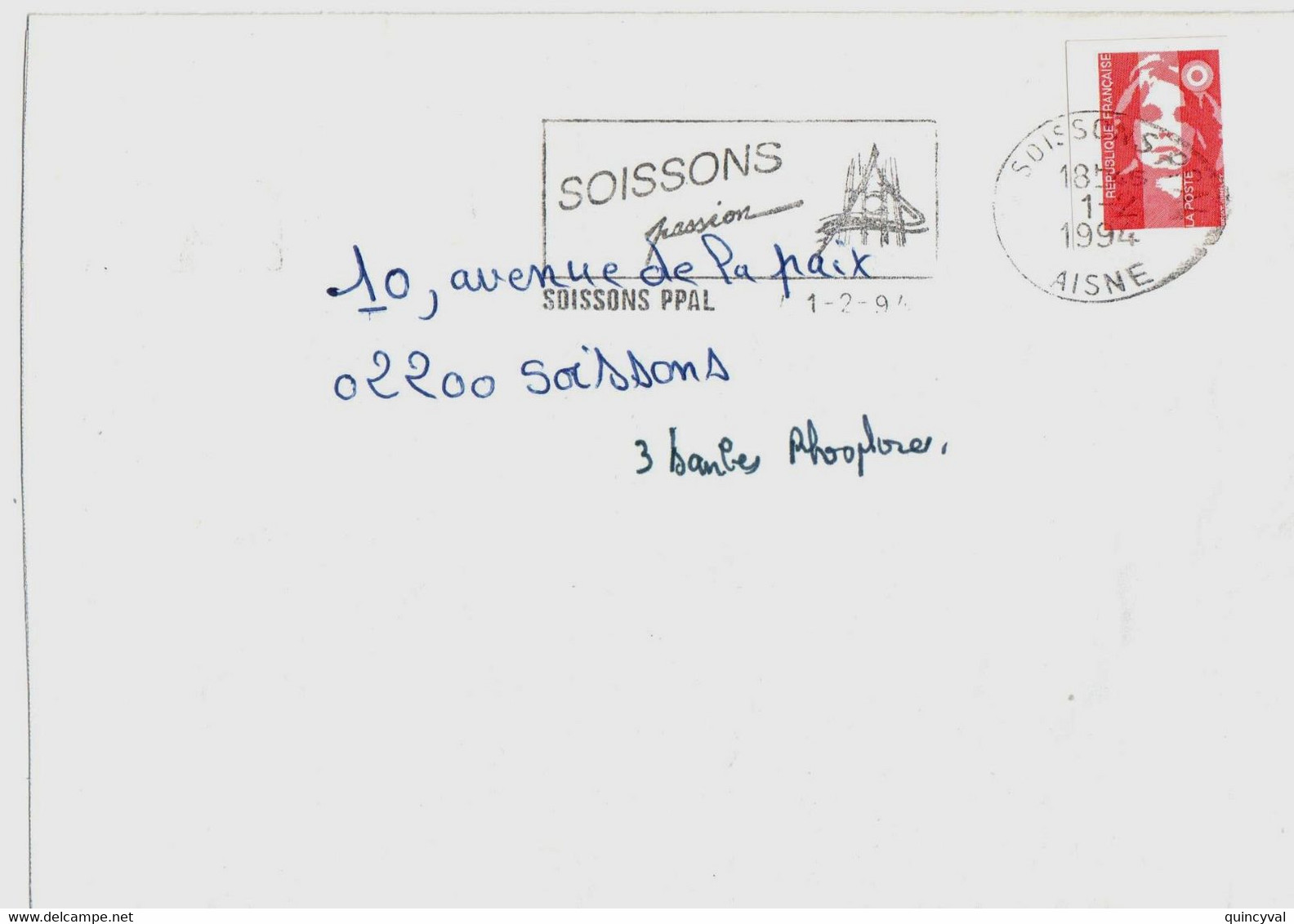 SOISSONS Aisne Lettre TVP Lamouche Yv 2807 Adhesif Ob Meca Bloc Dateur OVAL 1 2 1994 - Autres & Non Classés