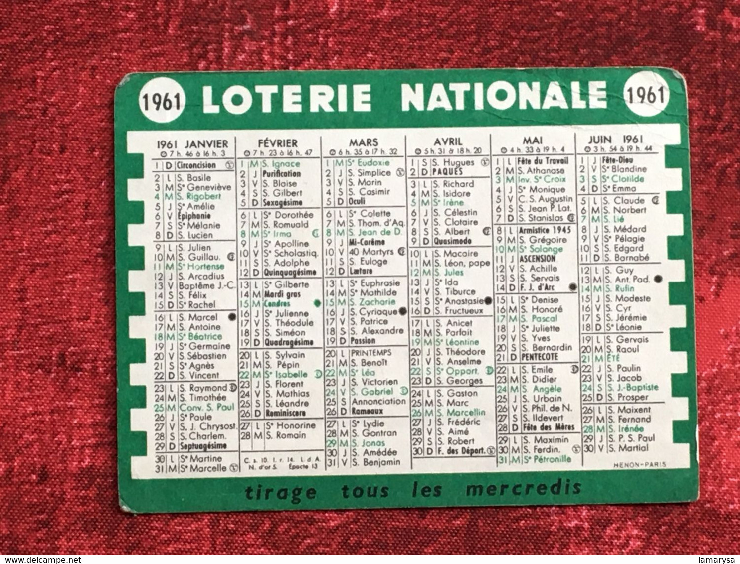 1961- -Calendrier Petit Format Loterie Nationale  Calendriers-☛1961-70 - Petit Format : 1961-70