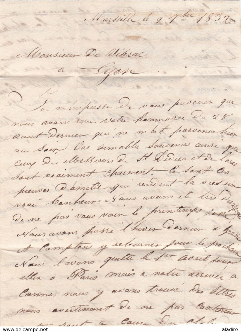 1832 - Lettre Privée De 3 Pages De Marseille (grand Cachet à Fleurons Simples) Au Chevalier De Vibral à Lyon - Taxe 6 - 1801-1848: Precursores XIX