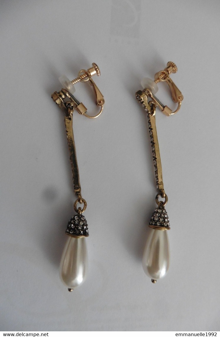 Boucles D'oreilles Clips Créateur Style Art Nouveau Perles Gouttes Et Strass - Boucles D'oreilles