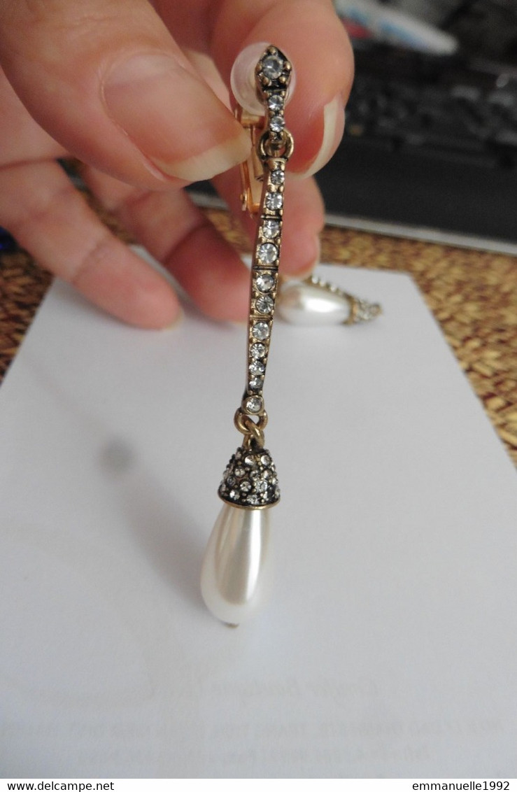 Boucles D'oreilles Clips Créateur Style Art Nouveau Perles Gouttes Et Strass - Boucles D'oreilles