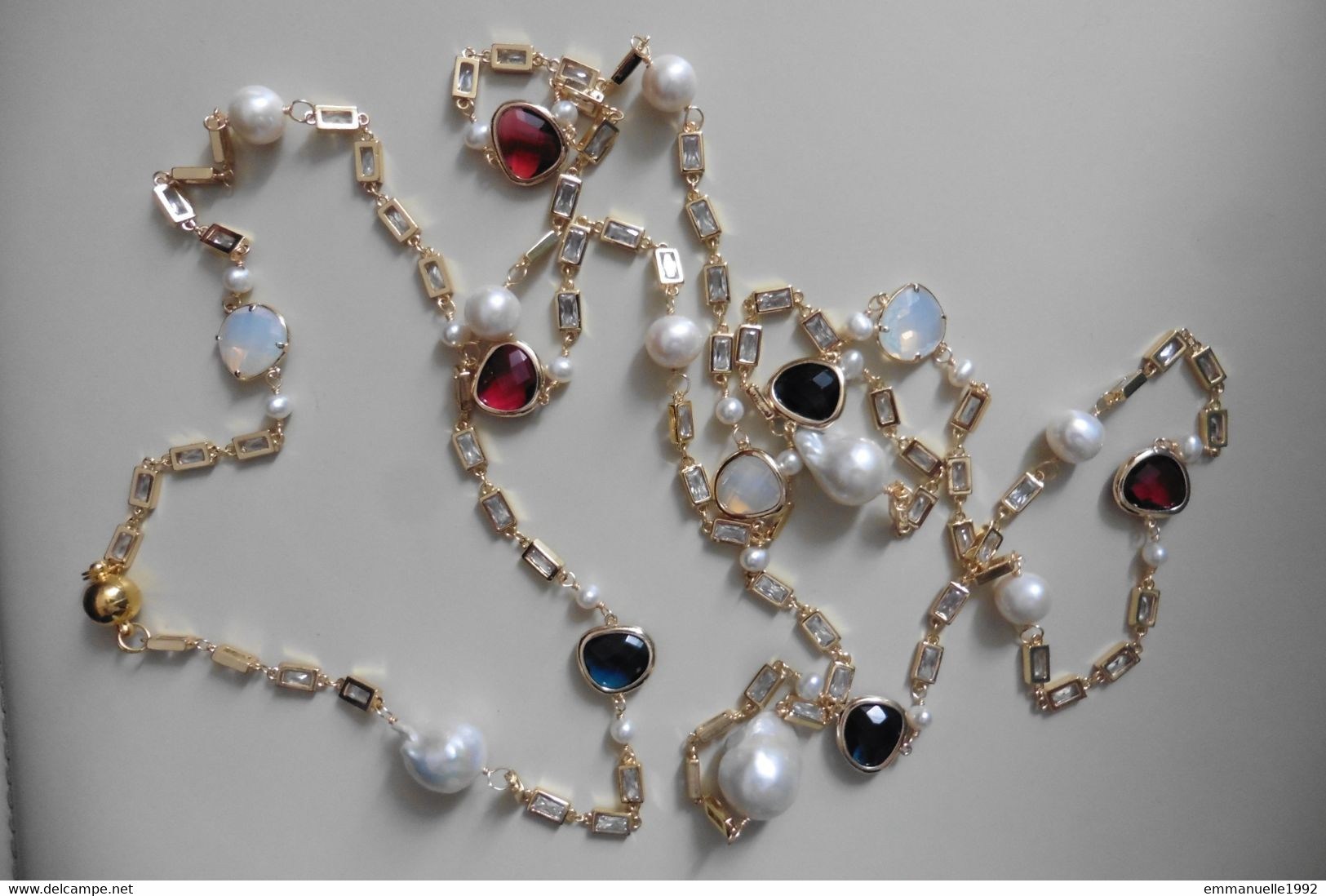 Neuf - Collier Sautoir Style Couture Perles Baroques Eau Douce Cristaux Strass - Colliers/Chaînes