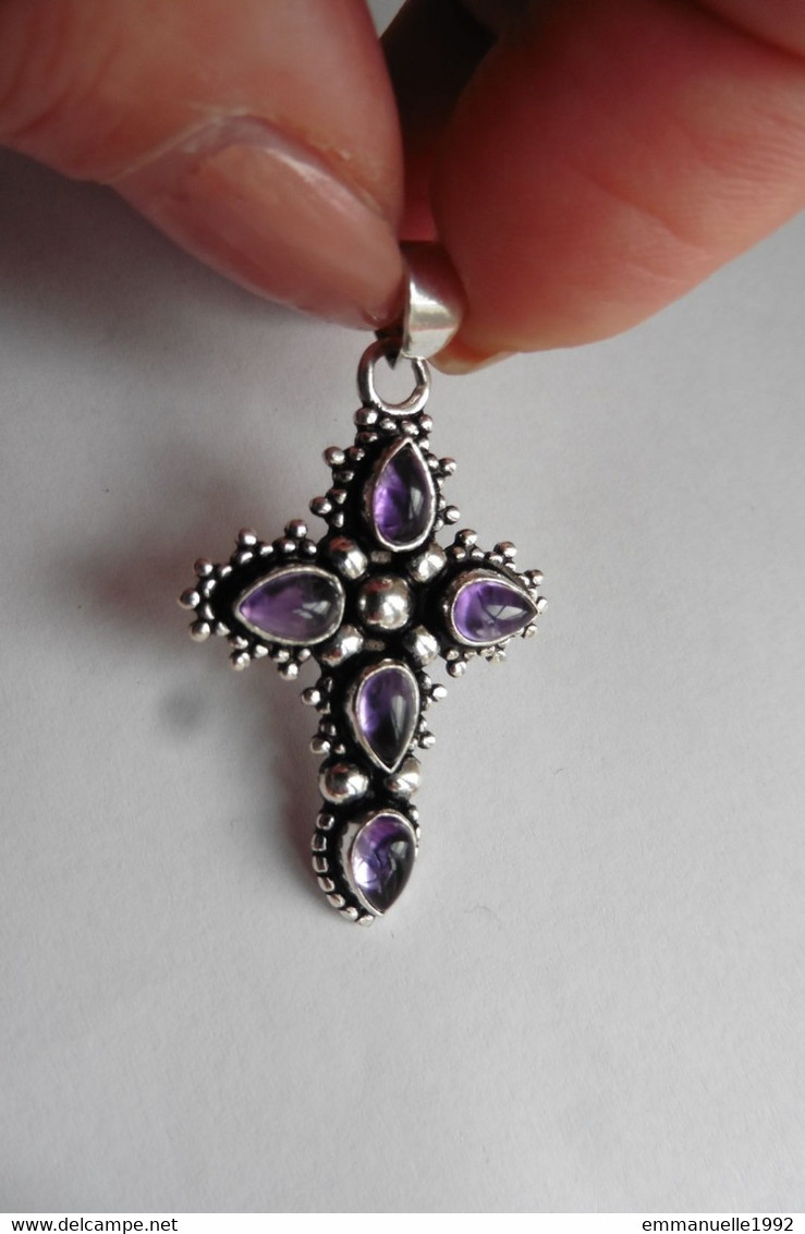 Neuf - Pendentif En Argent 925 Forme Croix Serti Pierres En Améthyste Cabochons - Pendentifs