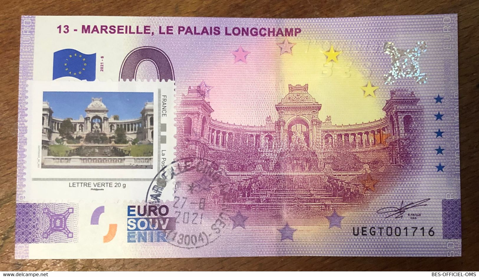 2021 BILLET 0 EURO SOUVENIR DPT13 MARSEILLE LE PALAIS LONGCHAMP + TAMPON + SEC + TIMBRE PAPER  0 EURO SCHEIN BANKNOTE - Pruebas Privadas