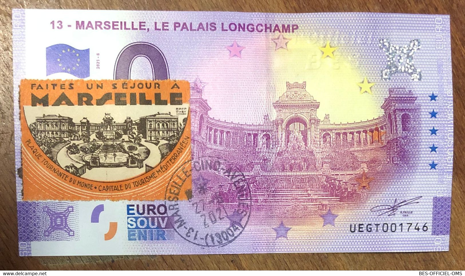 2021 BILLET 0 EURO SOUVENIR DPT13 MARSEILLE LE PALAIS LONGCHAMP + TAMPON + SEC + VIGNETTE PAPER  0 EURO SCHEIN BANKNOTE - Essais Privés / Non-officiels