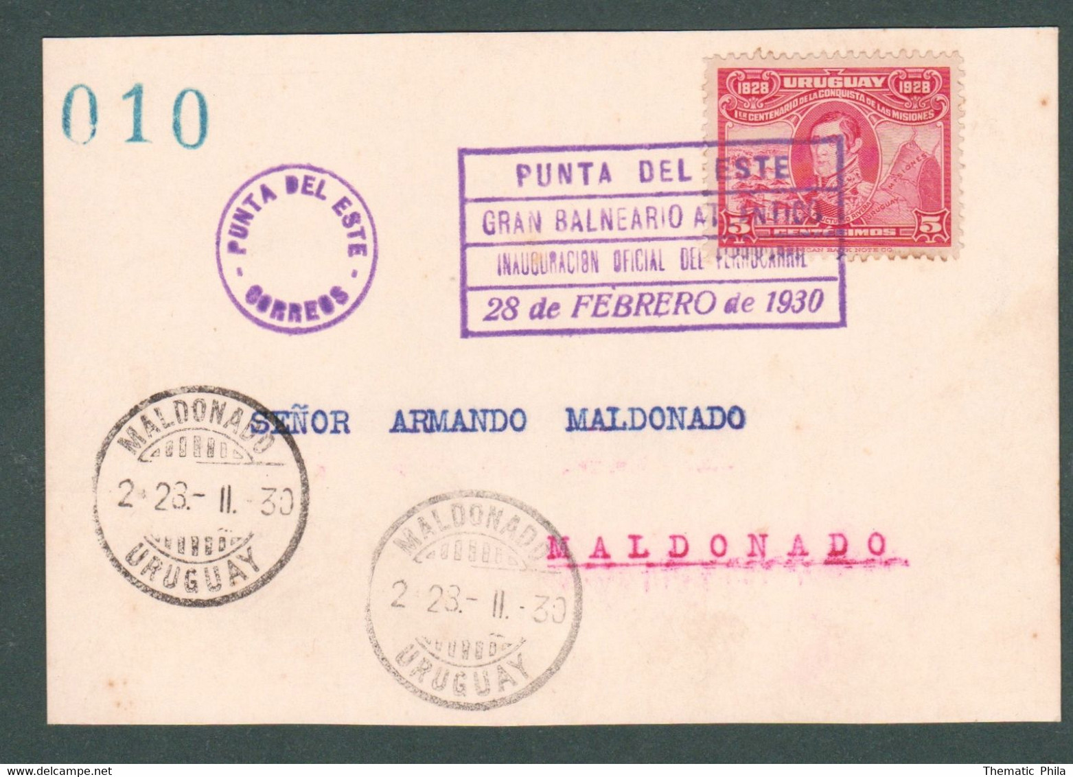 23.2.1930 Uruguay Postmark Talking Parlante INAUG. FERRROCARRIL IN PUNTA DEL ESTE Train Chemin De Fer - Circulated Card - Uruguay