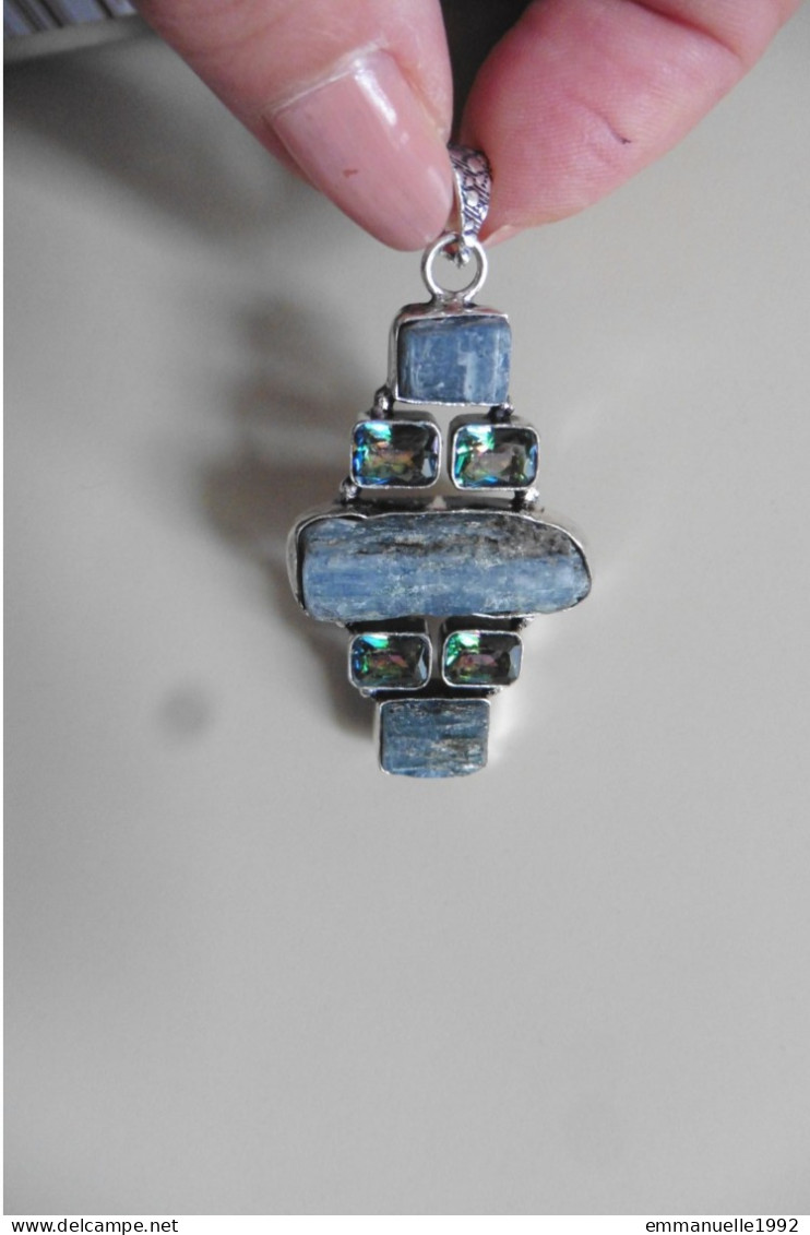 Neuf - Pendentif En Argent 925 Serti Kyanite Gris Foncé Et Mystic Topaze Vertes - Pendentifs