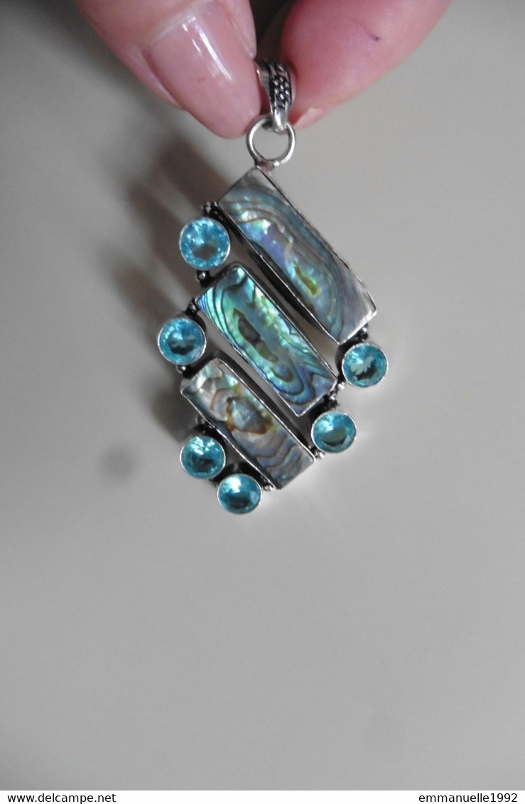 Neuf - Grand Pendentif En Argent 925 Serti Nacre Paua Abalone Et Topaze Bleue - Pendentifs